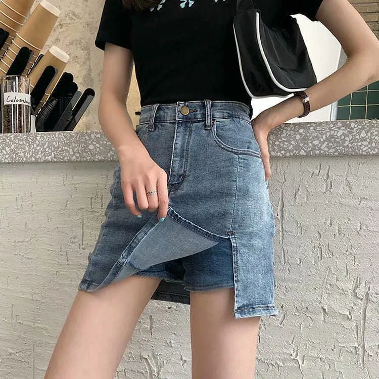 Summer Fitted High Waist A-Line Slim Look Splitted Skirt Hip Flattering Denim Short Culottes Women Skirt