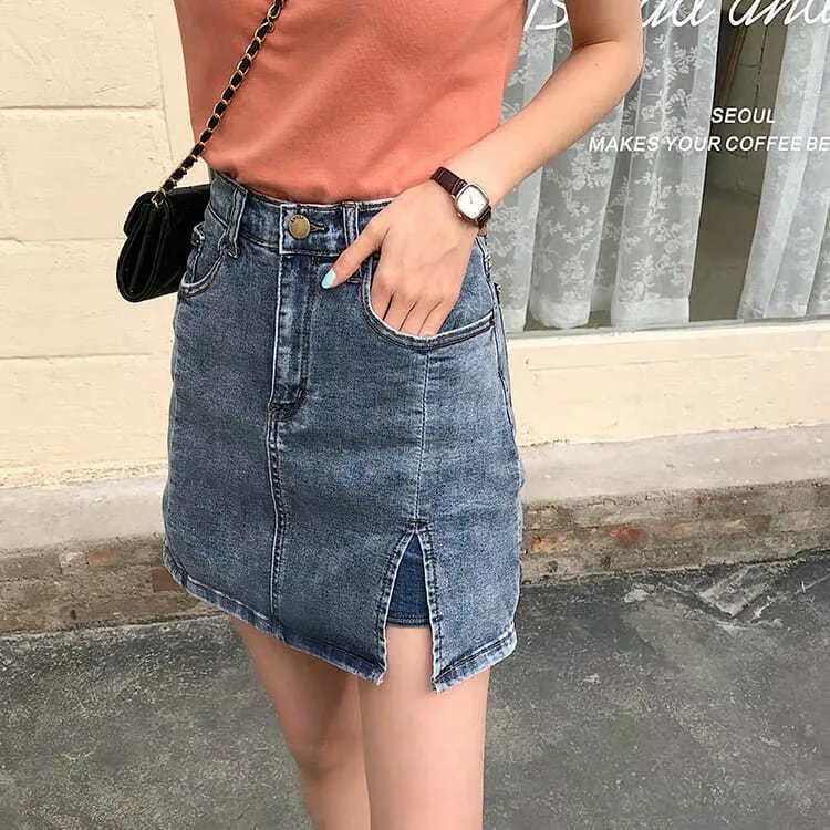 Summer Fitted High Waist A-Line Slim Look Splitted Skirt Hip Flattering Denim Short Culottes Women Skirt