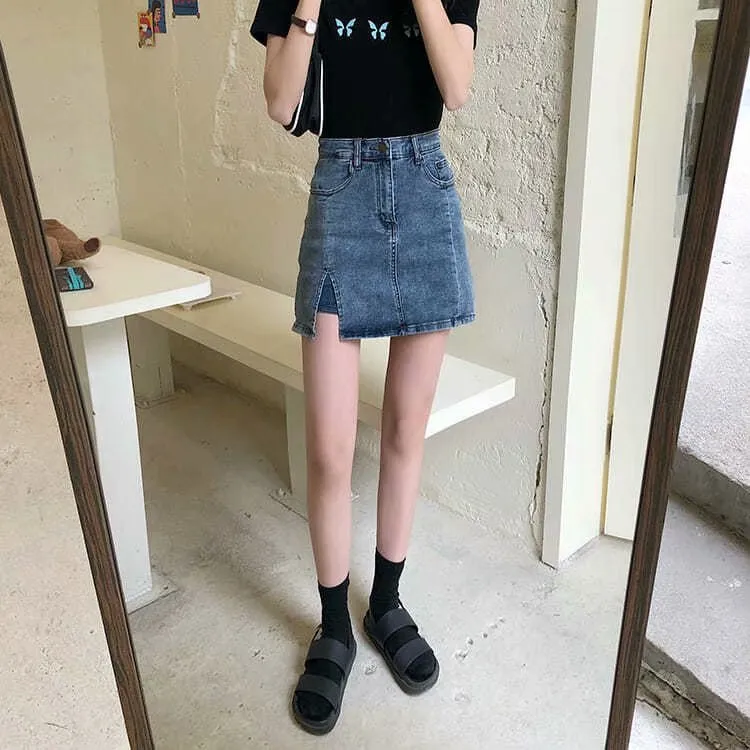 Summer Fitted High Waist A-Line Slim Look Splitted Skirt Hip Flattering Denim Short Culottes Women Skirt