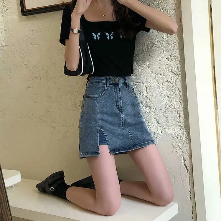 Summer Fitted High Waist A-Line Slim Look Splitted Skirt Hip Flattering Denim Short Culottes Women Skirt