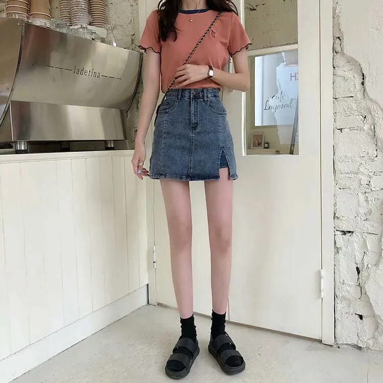 Summer Fitted High Waist A-Line Slim Look Splitted Skirt Hip Flattering Denim Short Culottes Women Skirt