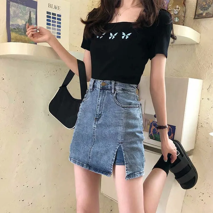 Summer Fitted High Waist A-Line Slim Look Splitted Skirt Hip Flattering Denim Short Culottes Women Skirt