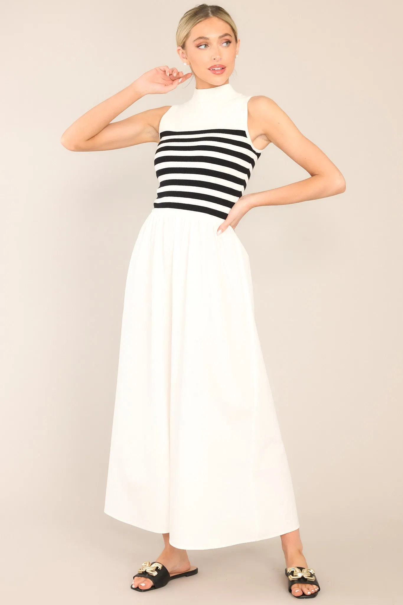Timeless Treasures White Sleeveless Striped Maxi Dress