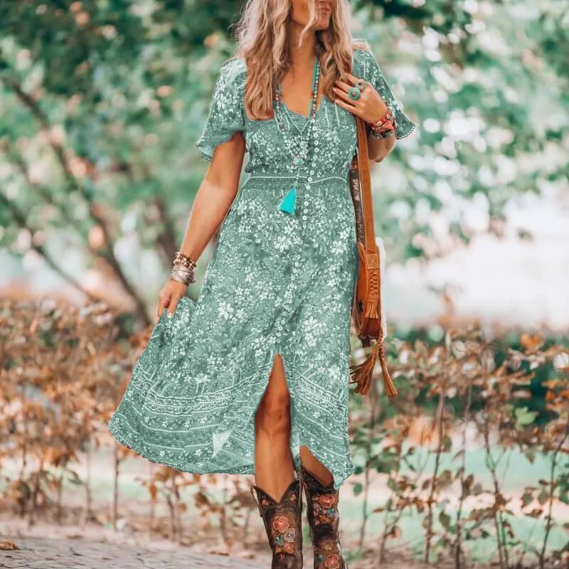 V-neck Print Short-sleeved Dress Green and Red Two Colors Burst Loose Waist Long Skirt Women Summer