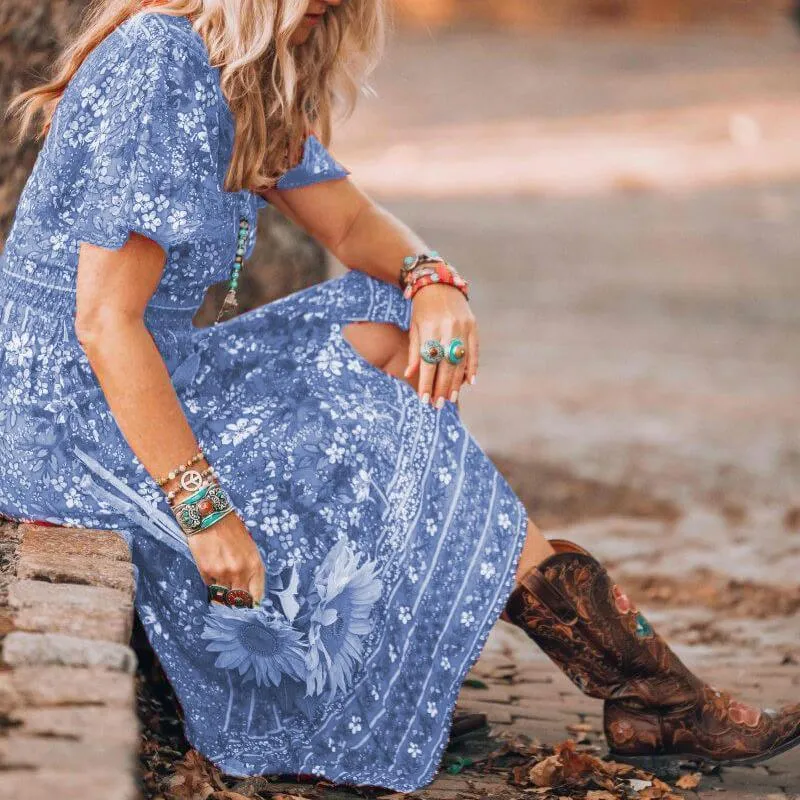 V-neck Print Short-sleeved Dress Green and Red Two Colors Burst Loose Waist Long Skirt Women Summer