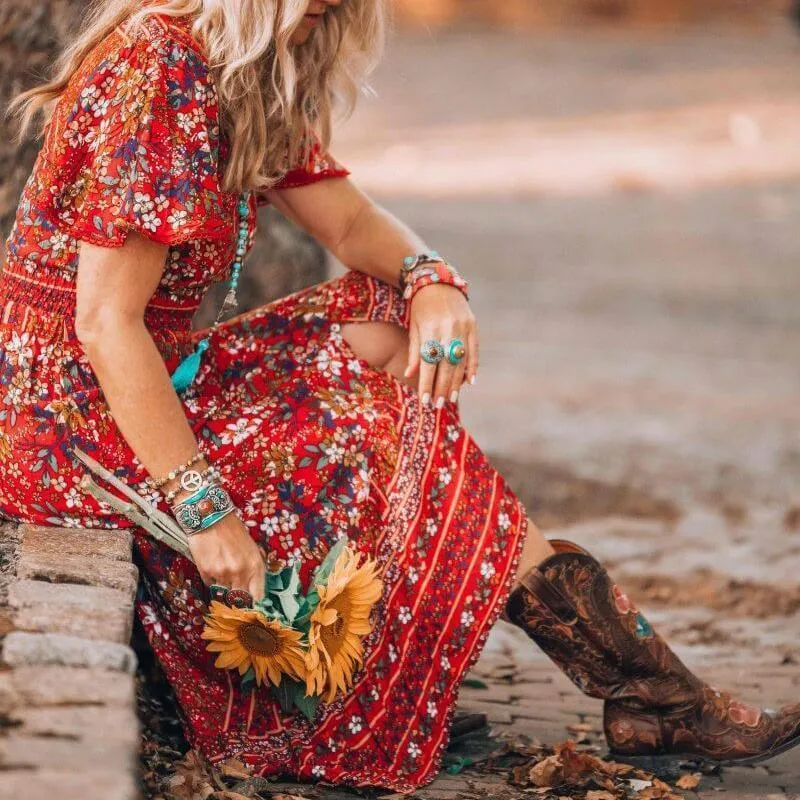 V-neck Print Short-sleeved Dress Green and Red Two Colors Burst Loose Waist Long Skirt Women Summer