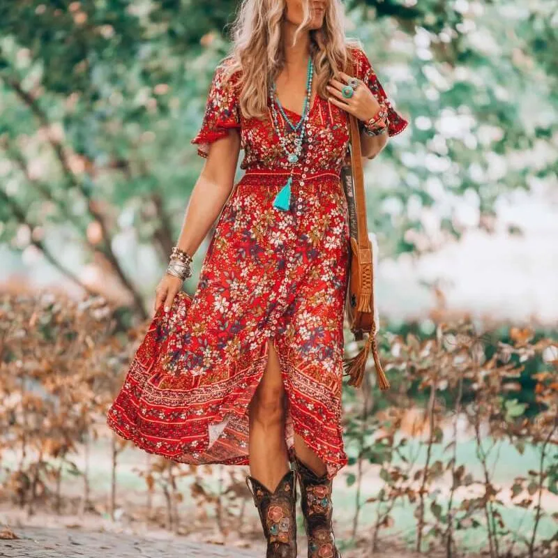 V-neck Print Short-sleeved Dress Green and Red Two Colors Burst Loose Waist Long Skirt Women Summer