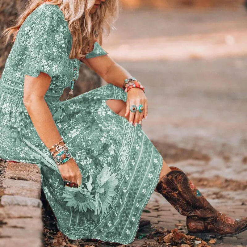 V-neck Print Short-sleeved Dress Green and Red Two Colors Burst Loose Waist Long Skirt Women Summer
