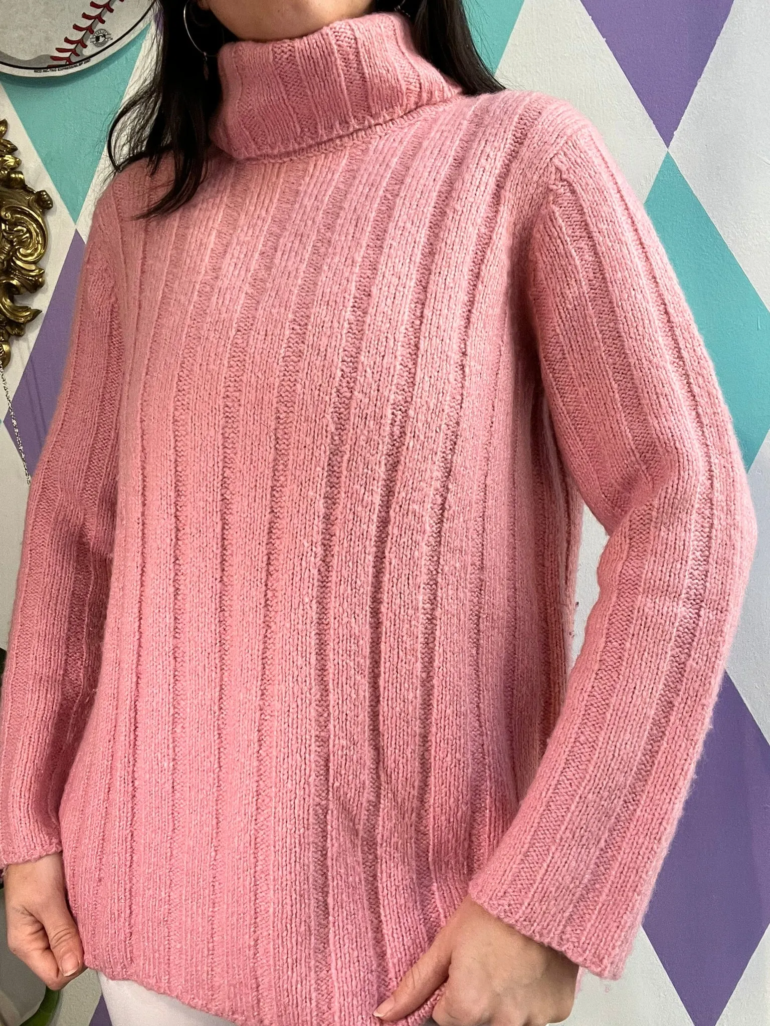 Vintage Pink Ribbed Turtleneck Sweater