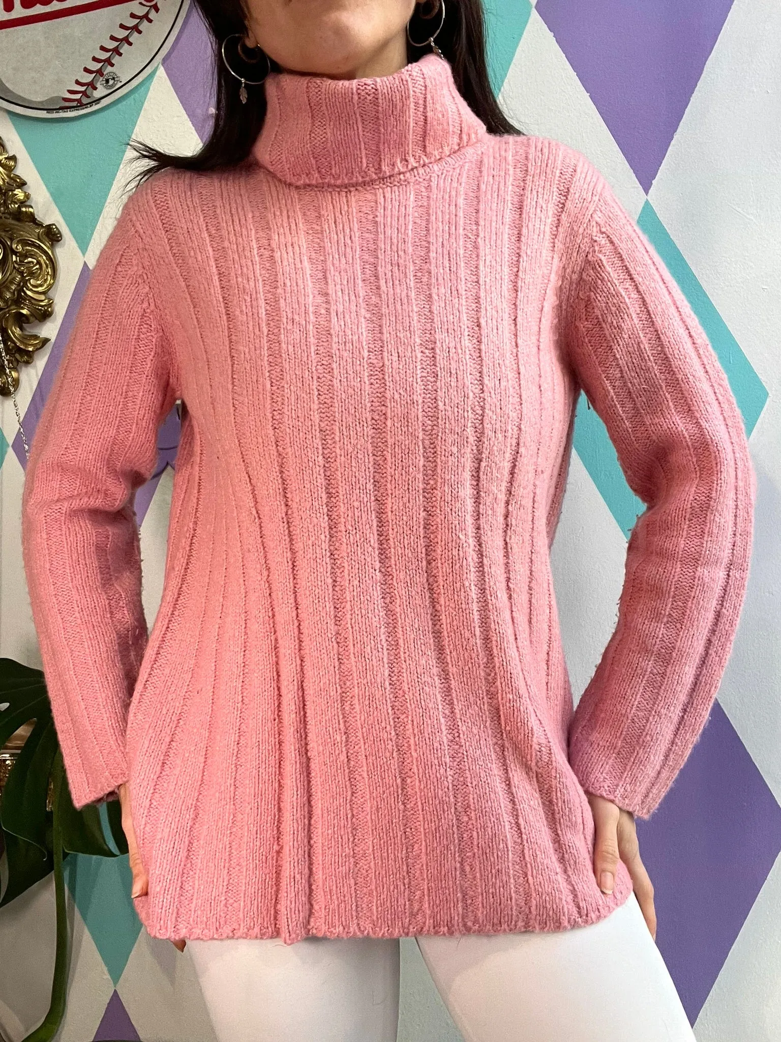 Vintage Pink Ribbed Turtleneck Sweater