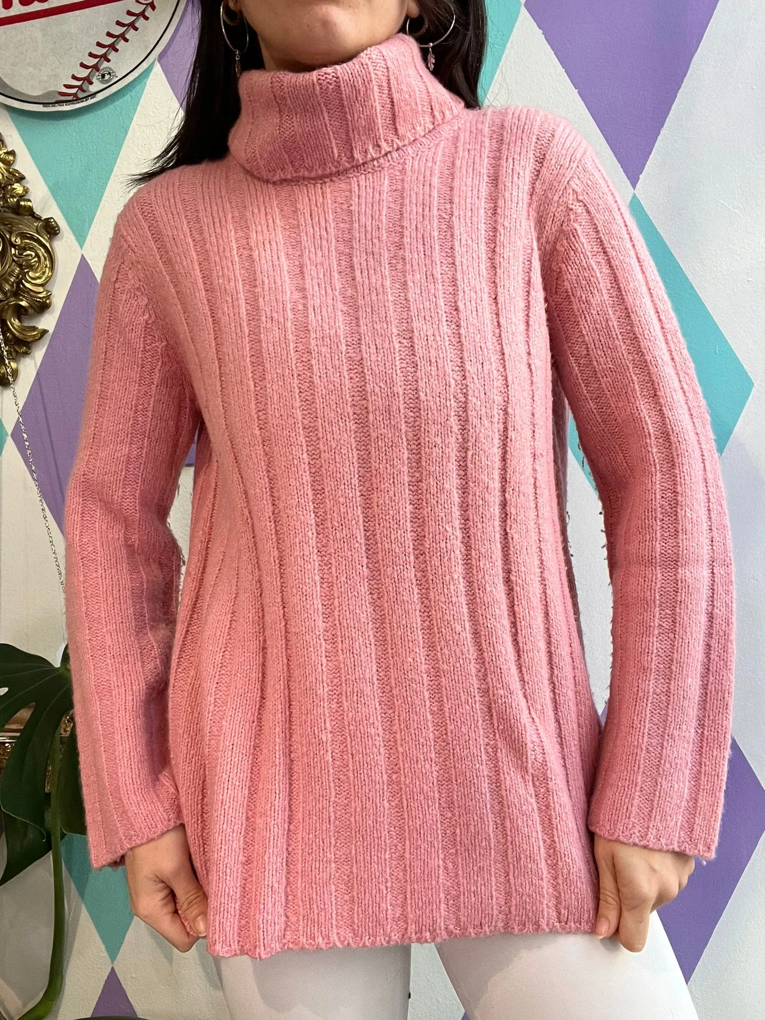 Vintage Pink Ribbed Turtleneck Sweater