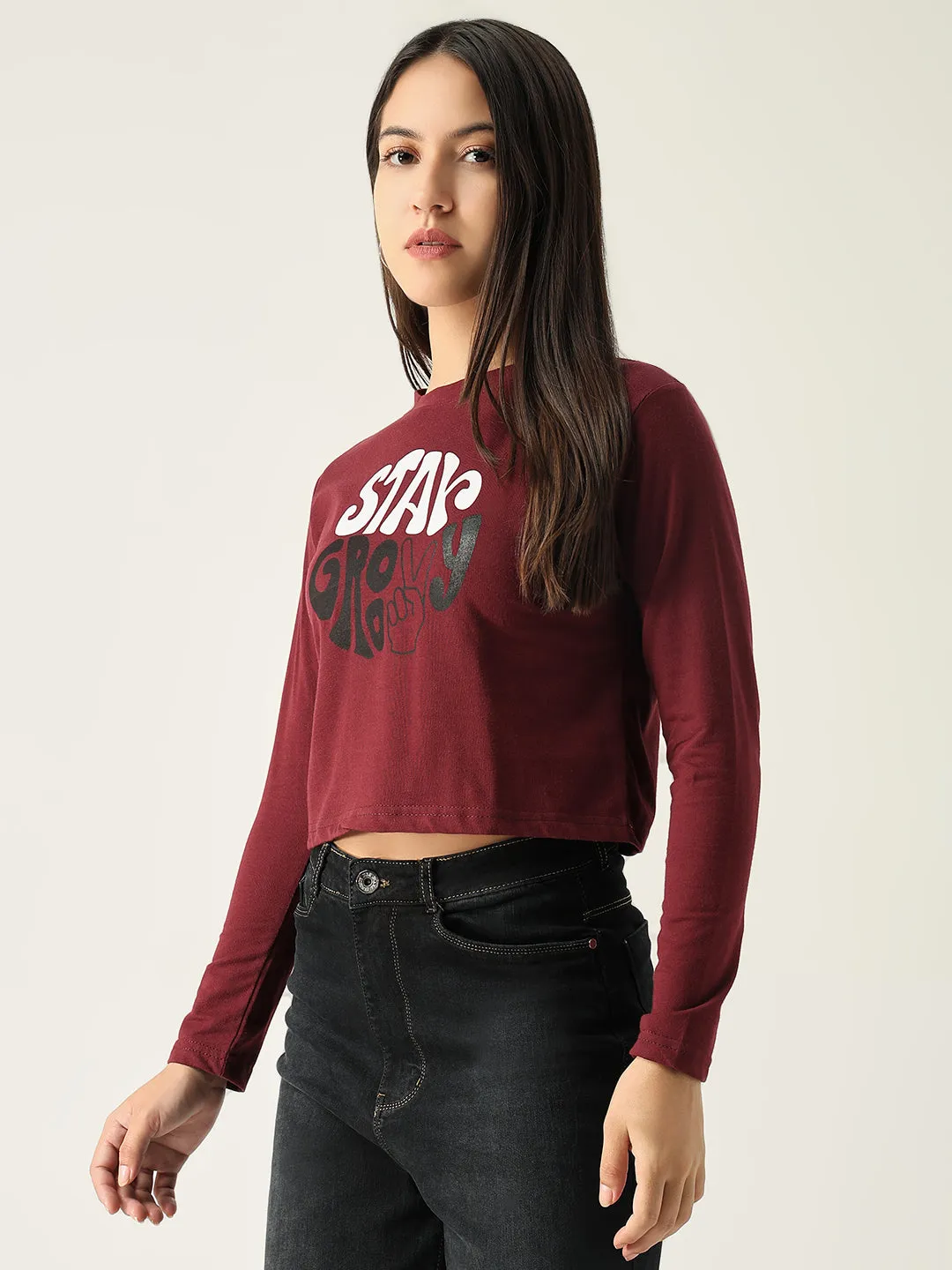 Women Graphic Burgundy Crop T Shirt