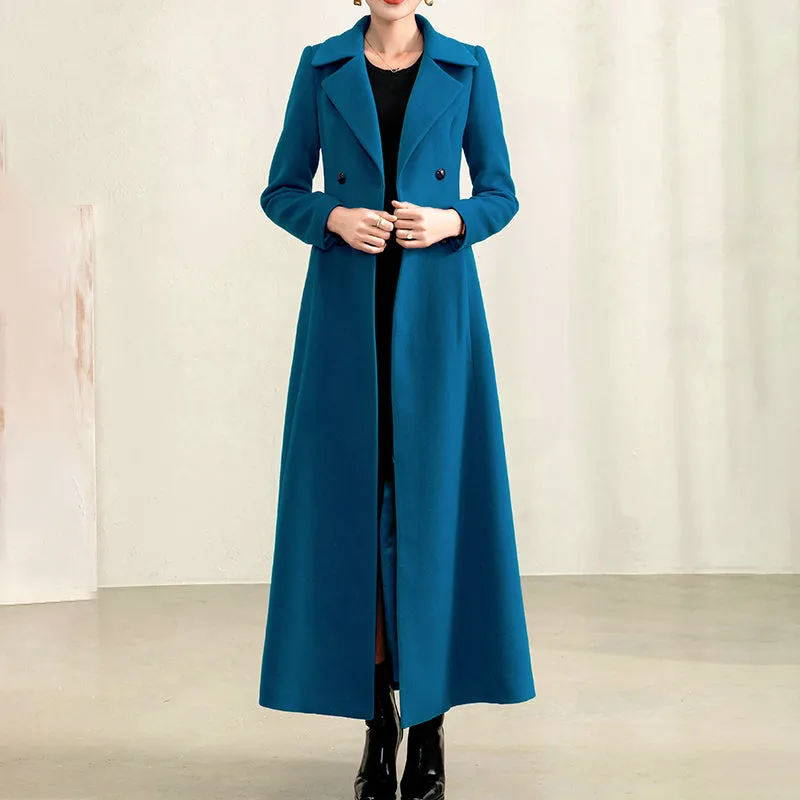 Women's Long Wool Elegant Fur Collar Peacock Blue Double Breasted Fine Wool Coat