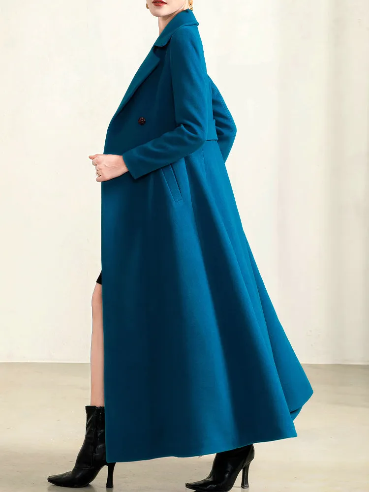 Women's Long Wool Elegant Fur Collar Peacock Blue Double Breasted Fine Wool Coat