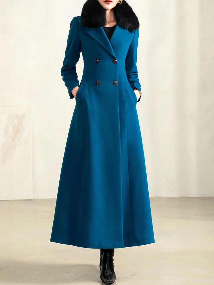 Women's Long Wool Elegant Fur Collar Peacock Blue Double Breasted Fine Wool Coat
