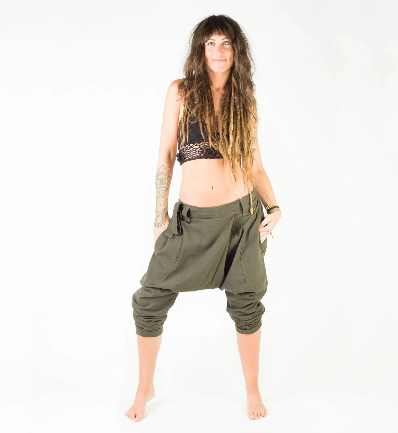 Womens Pants Green Afghani Harem Drop Crotch, Primitive Handmade Comfortable Yoga Gypsy Boho Alibaba Aladdin Festival Goa two Pockets AJJAYA