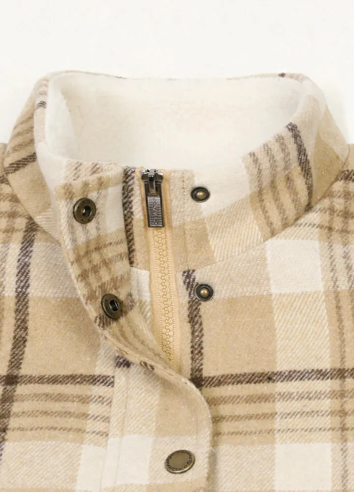 Women's Sherpa Lined Plaid Vest, Snap Button and Zipper Closure
