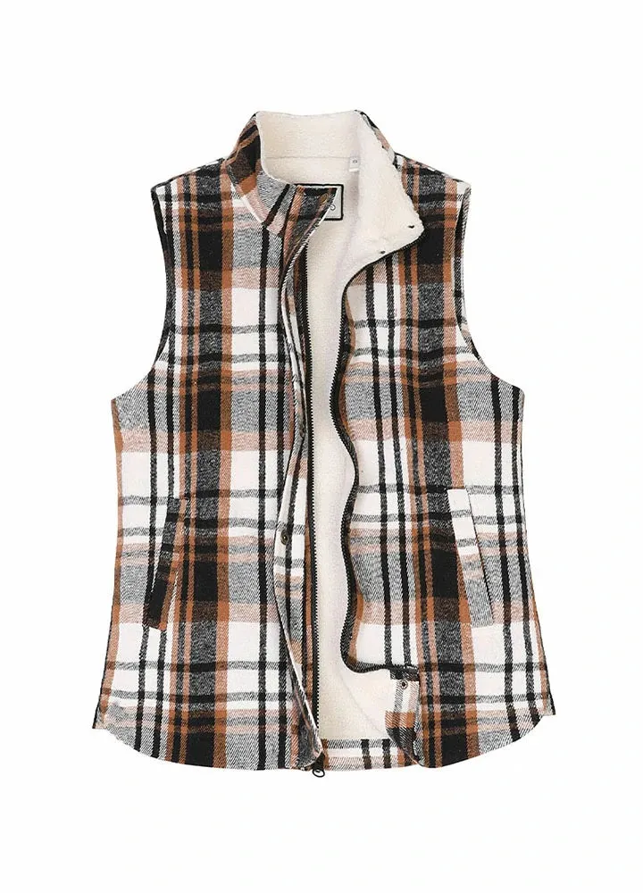 Women's Sherpa Lined Plaid Vest, Snap Button and Zipper Closure