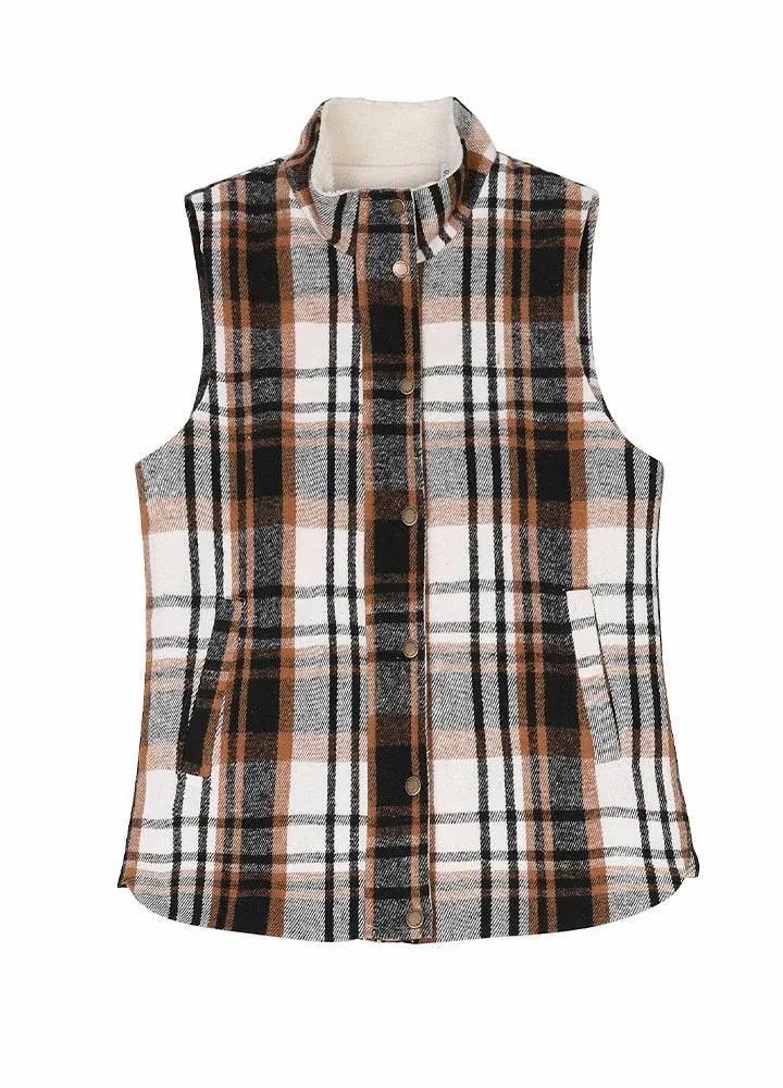 Women's Sherpa Lined Plaid Vest, Snap Button and Zipper Closure