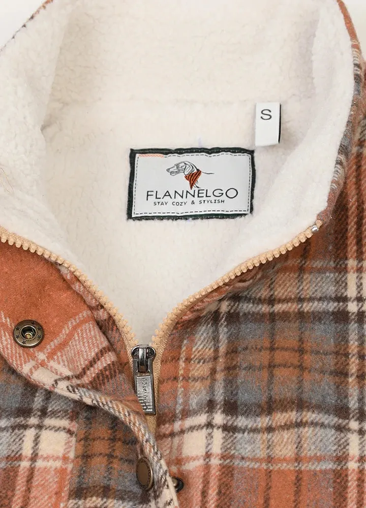 Women's Sherpa Lined Plaid Vest, Snap Button and Zipper Closure