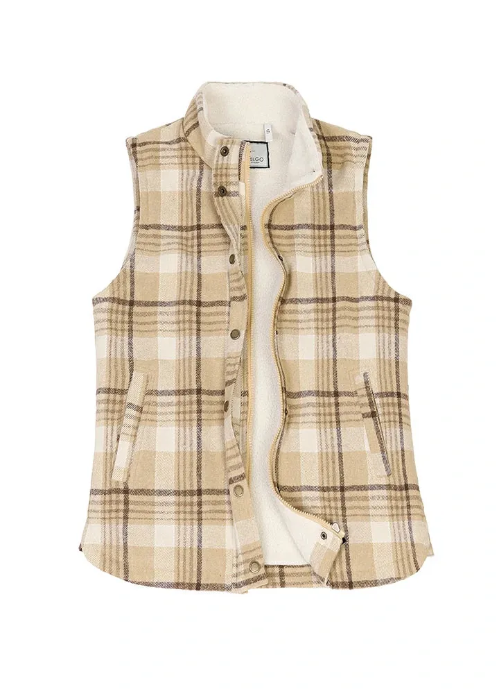 Women's Sherpa Lined Plaid Vest, Snap Button and Zipper Closure