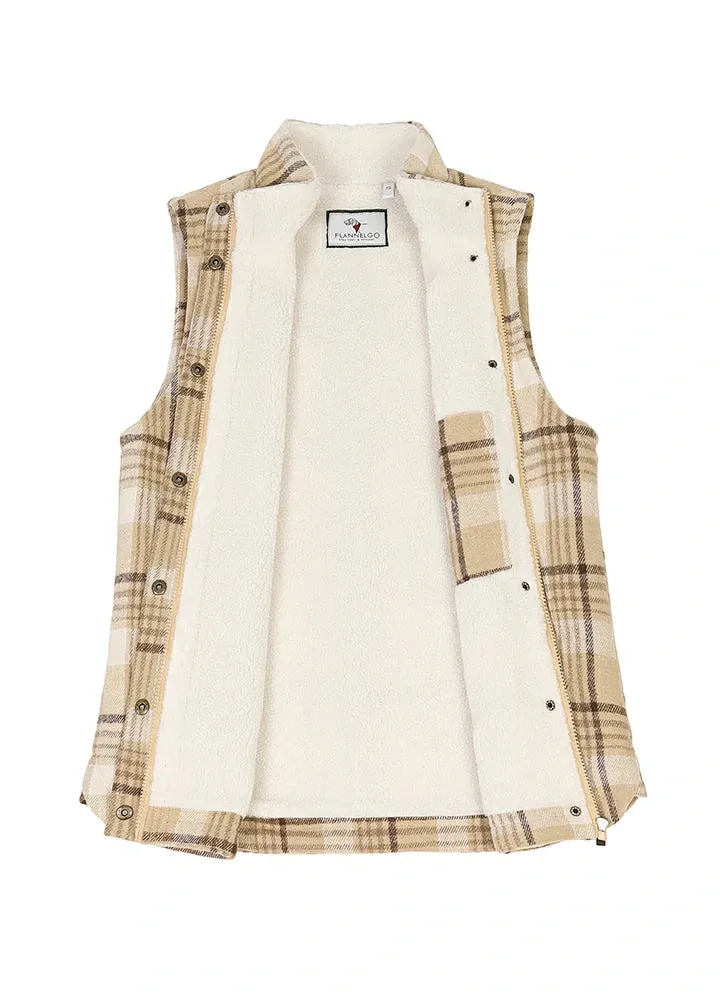 Women's Sherpa Lined Plaid Vest, Snap Button and Zipper Closure