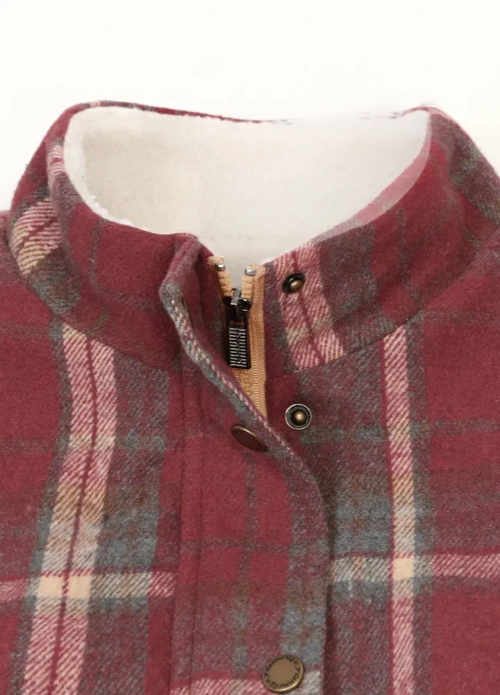 Women's Sherpa Lined Plaid Vest, Snap Button and Zipper Closure