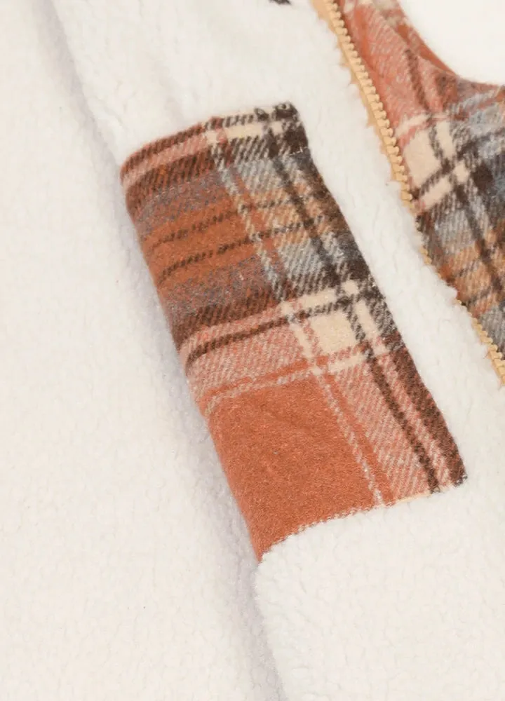 Women's Sherpa Lined Plaid Vest, Snap Button and Zipper Closure