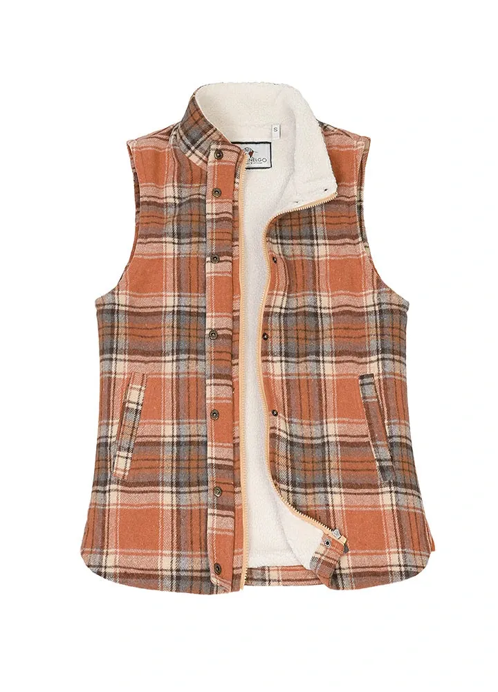 Women's Sherpa Lined Plaid Vest, Snap Button and Zipper Closure