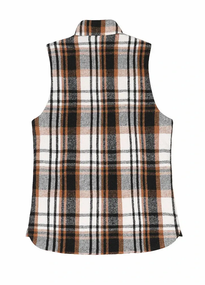 Women's Sherpa Lined Plaid Vest, Snap Button and Zipper Closure