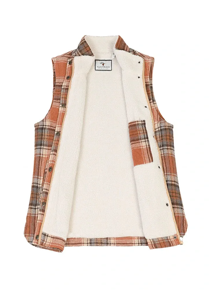 Women's Sherpa Lined Plaid Vest, Snap Button and Zipper Closure