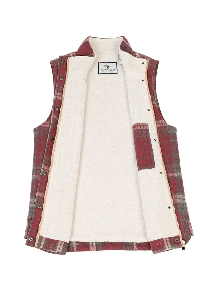 Women's Sherpa Lined Plaid Vest, Snap Button and Zipper Closure