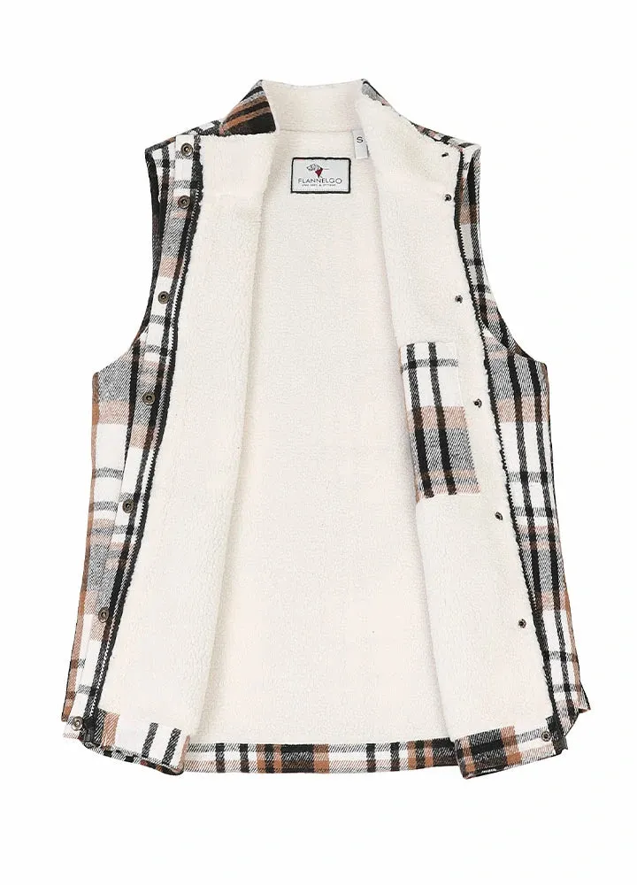 Women's Sherpa Lined Plaid Vest, Snap Button and Zipper Closure