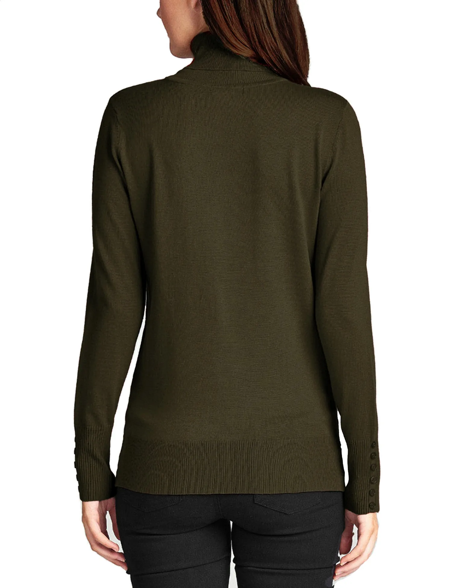 Women's Solid Long Sleeve Turtleneck Sweater with Sleeve Button