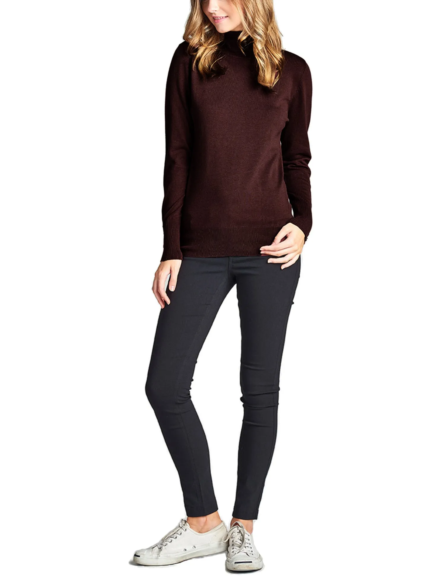 Women's Solid Long Sleeve Turtleneck Sweater with Sleeve Button