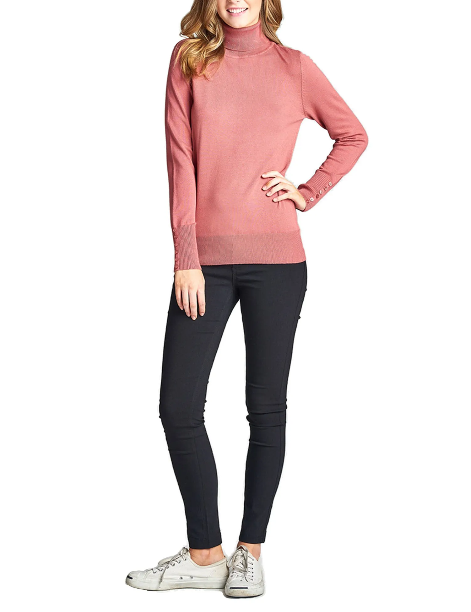 Women's Solid Long Sleeve Turtleneck Sweater with Sleeve Button