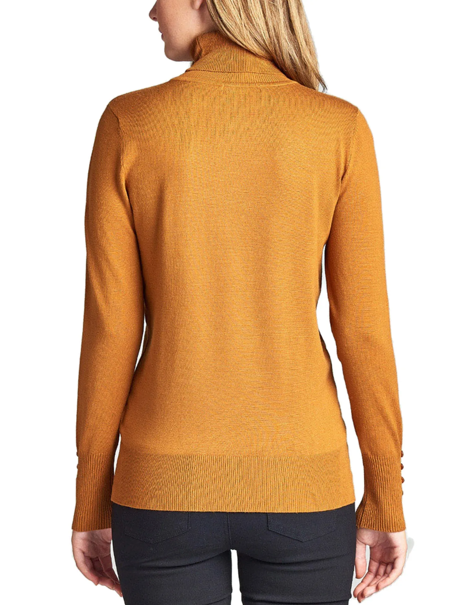 Women's Solid Long Sleeve Turtleneck Sweater with Sleeve Button