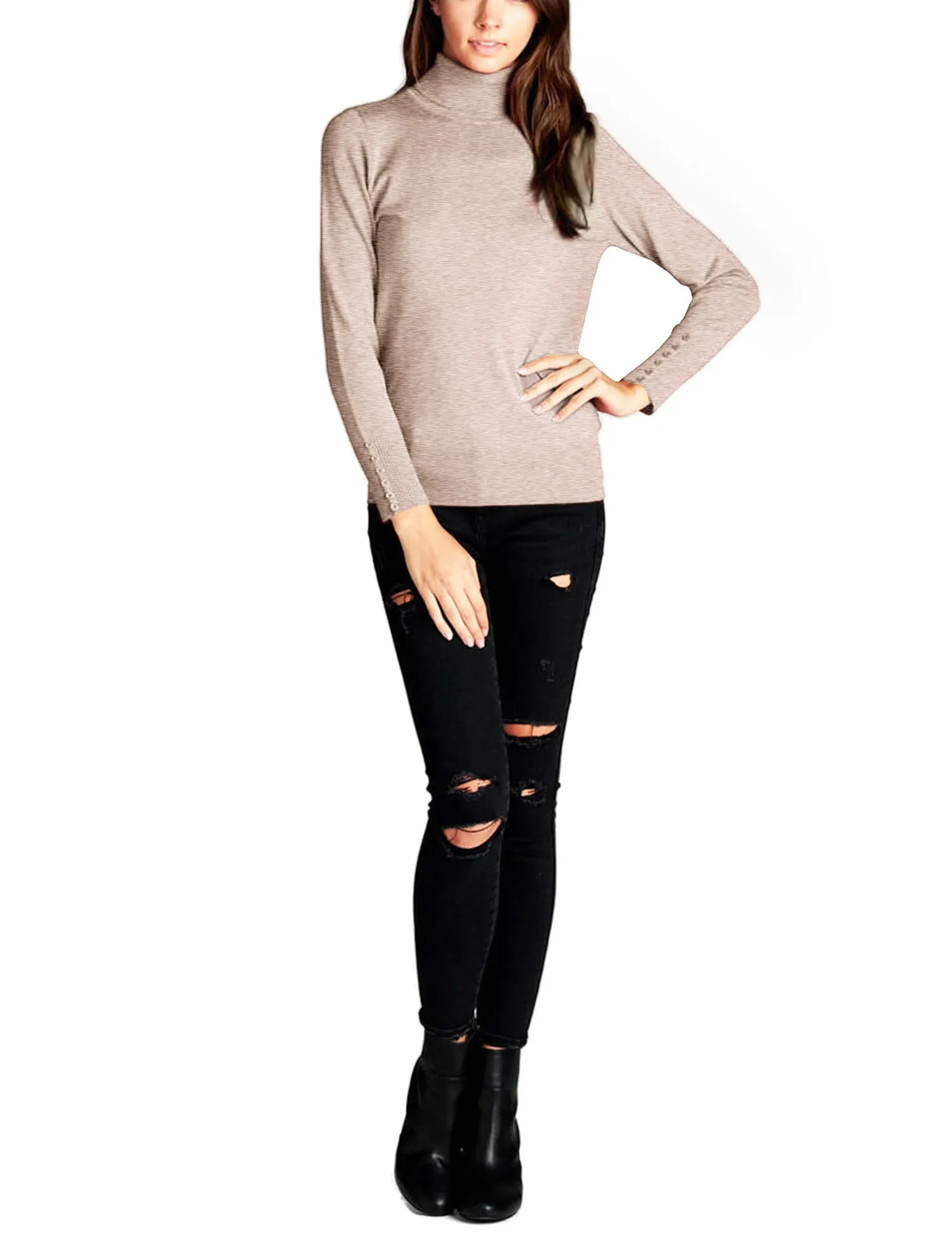 Women's Solid Long Sleeve Turtleneck Sweater with Sleeve Button