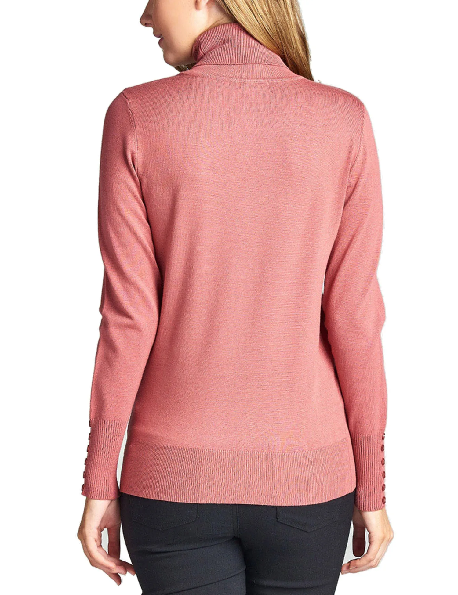 Women's Solid Long Sleeve Turtleneck Sweater with Sleeve Button