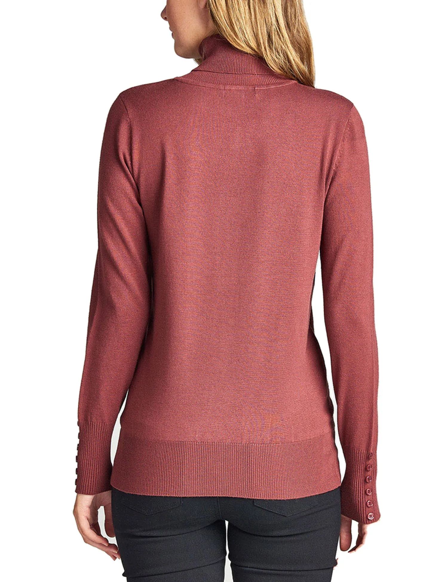 Women's Solid Long Sleeve Turtleneck Sweater with Sleeve Button