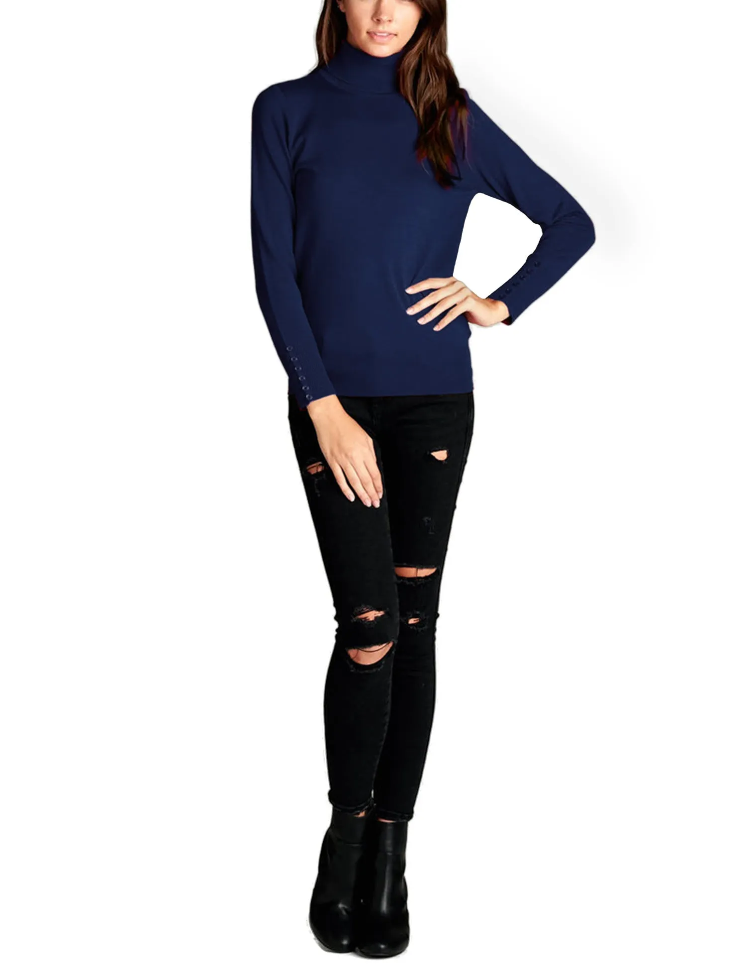 Women's Solid Long Sleeve Turtleneck Sweater with Sleeve Button