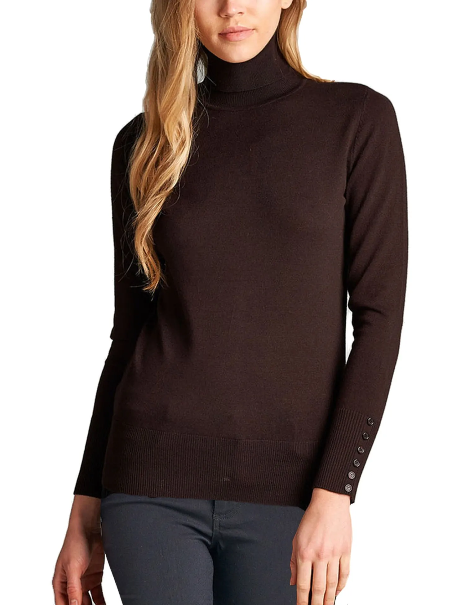 Women's Solid Long Sleeve Turtleneck Sweater with Sleeve Button