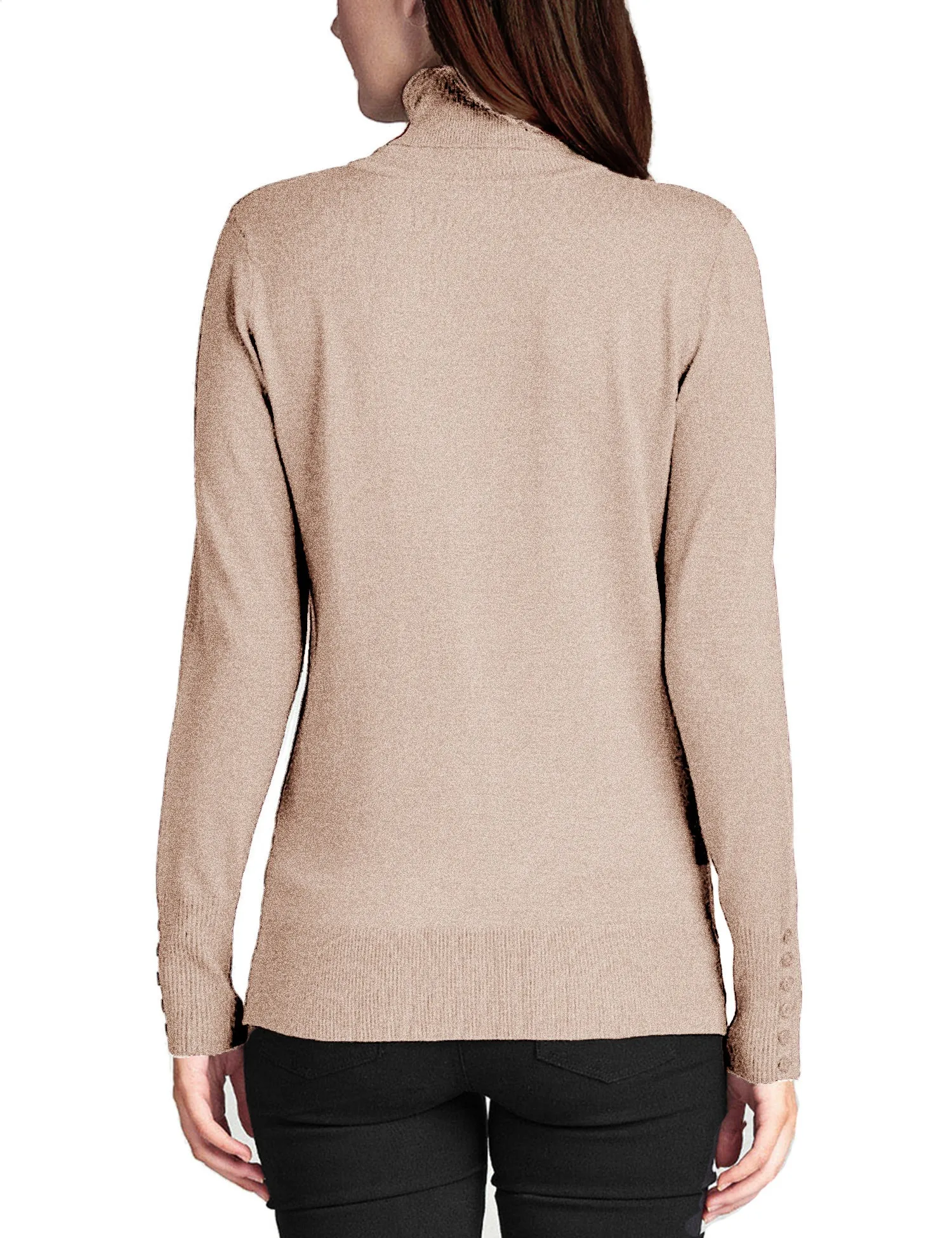 Women's Solid Long Sleeve Turtleneck Sweater with Sleeve Button