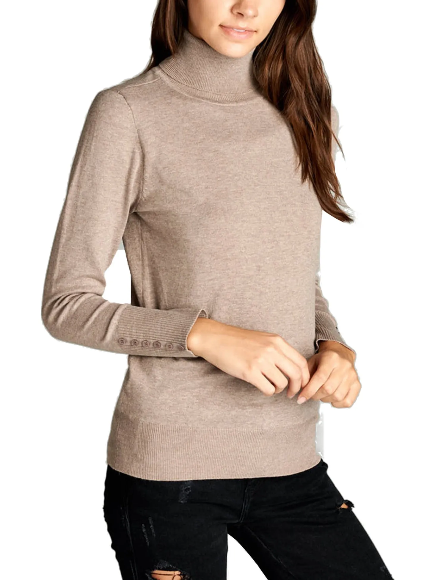 Women's Solid Long Sleeve Turtleneck Sweater with Sleeve Button