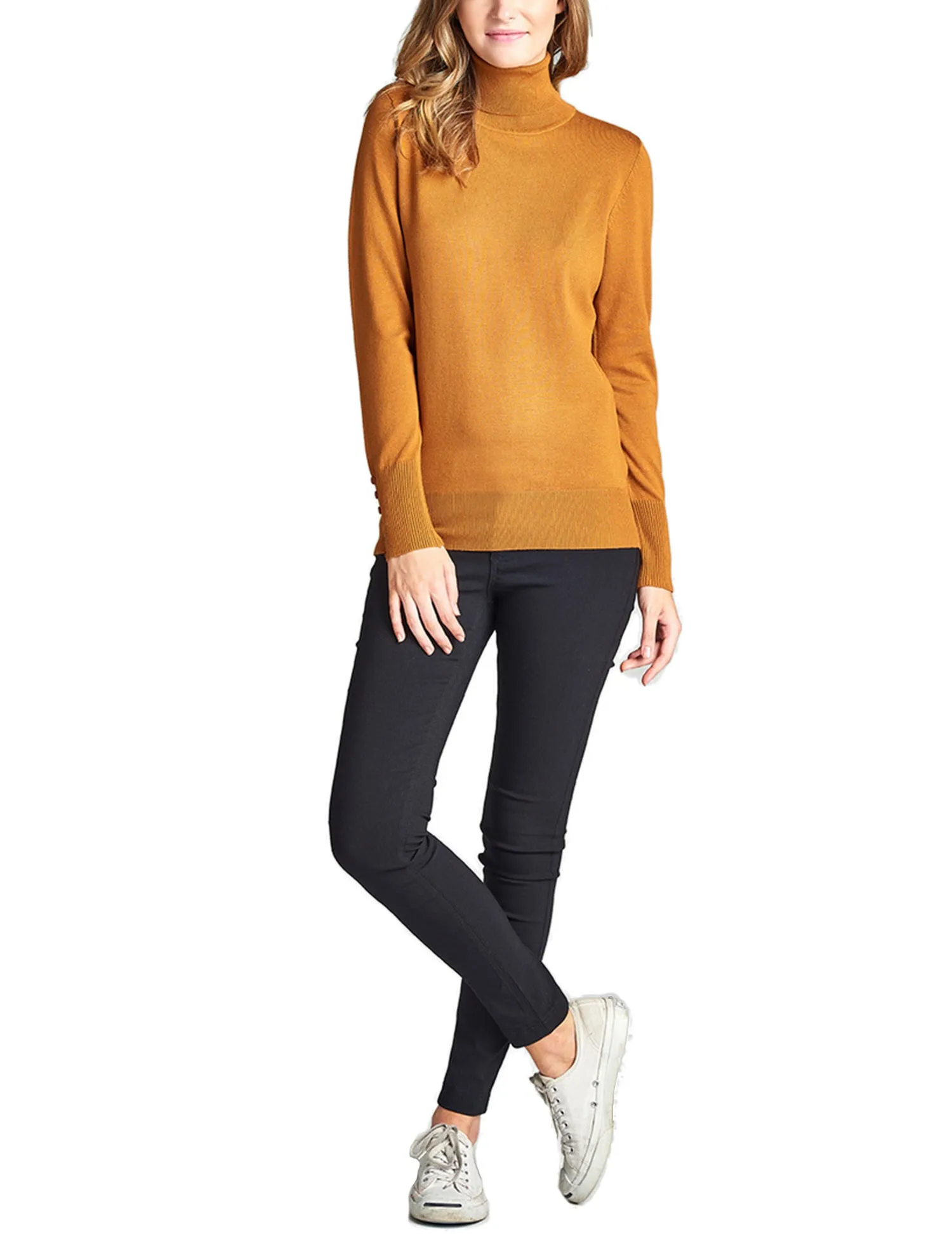 Women's Solid Long Sleeve Turtleneck Sweater with Sleeve Button