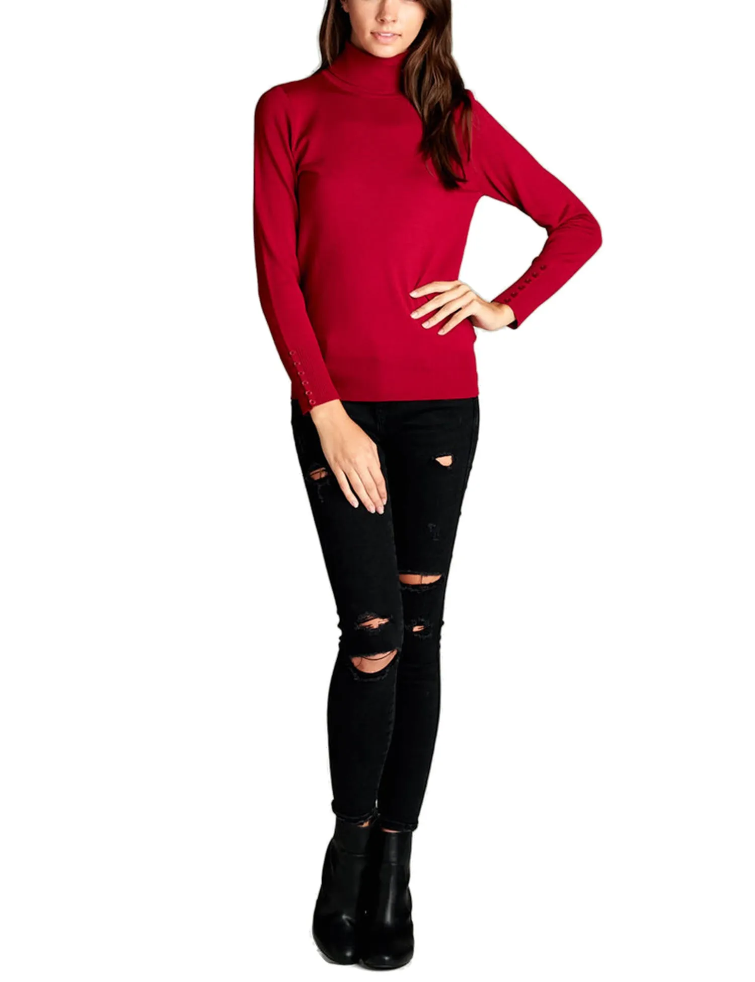 Women's Solid Long Sleeve Turtleneck Sweater with Sleeve Button