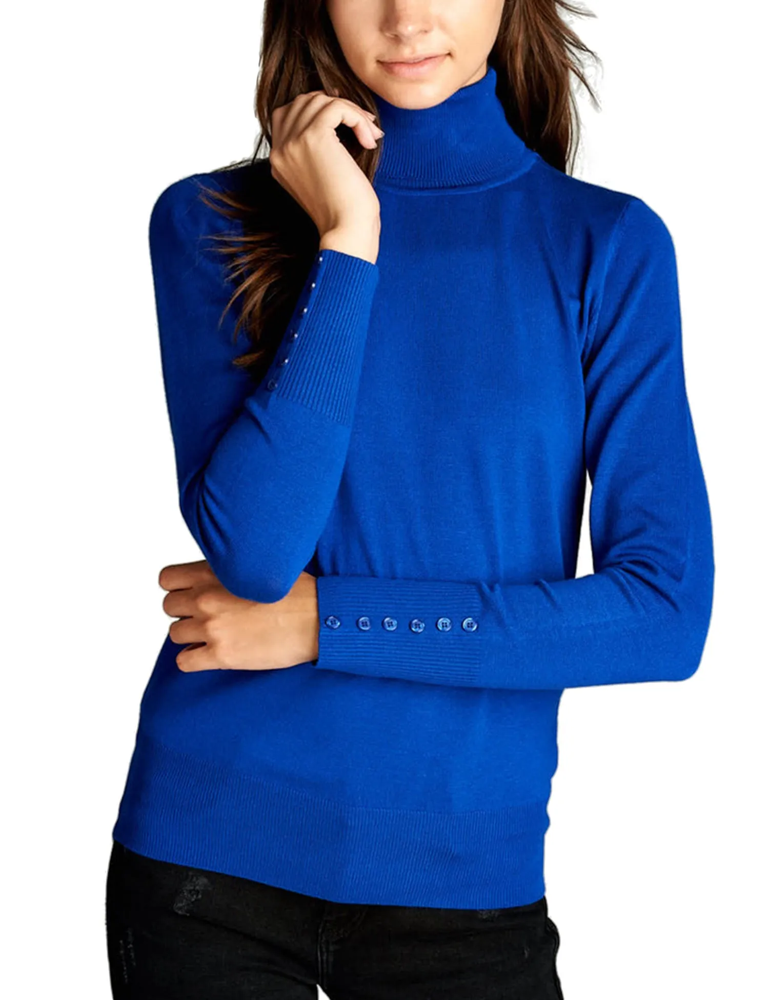 Women's Solid Long Sleeve Turtleneck Sweater with Sleeve Button