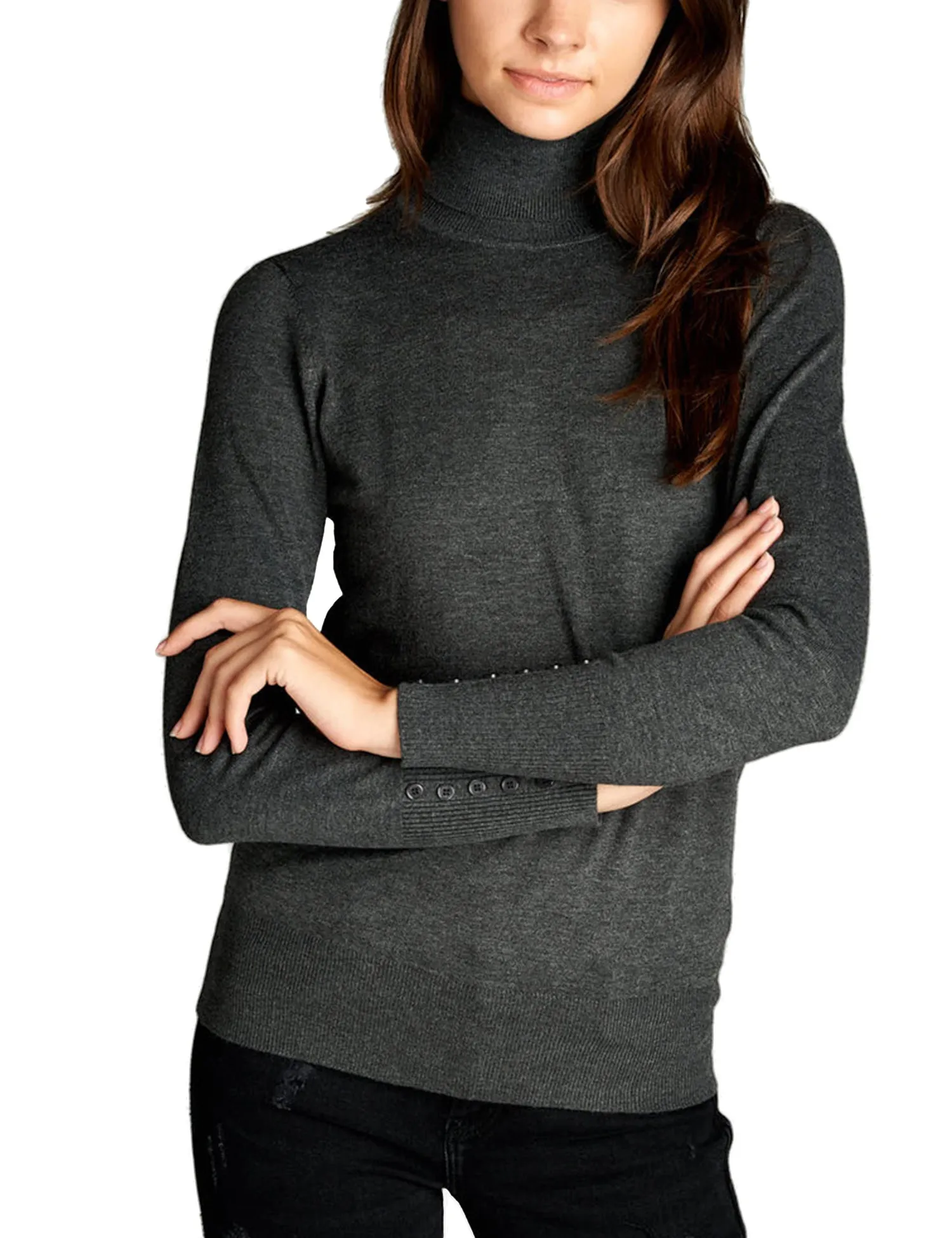 Women's Solid Long Sleeve Turtleneck Sweater with Sleeve Button