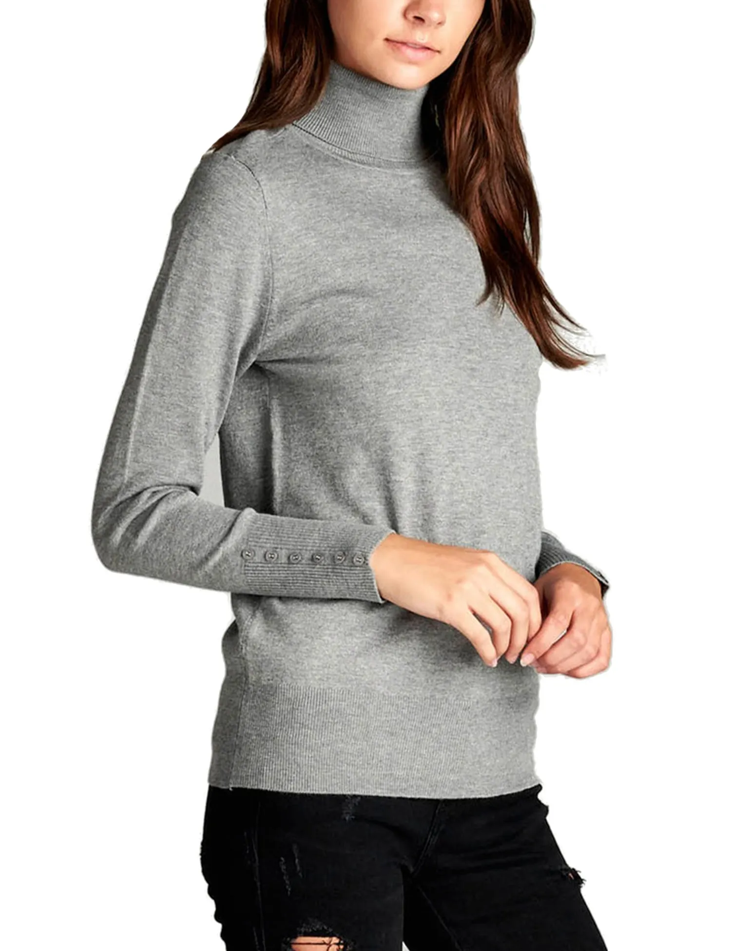 Women's Solid Long Sleeve Turtleneck Sweater with Sleeve Button