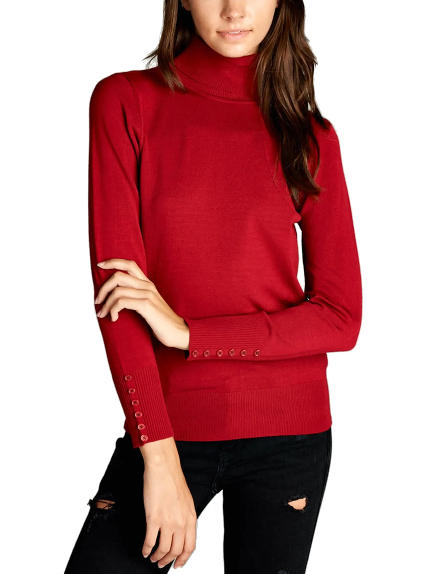 Women's Solid Long Sleeve Turtleneck Sweater with Sleeve Button